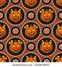 Geometric halloween pattern with circles, bones, pumpkin heads like happy kids, traditional candy, sweets on orange background. Staggered arrangement of elements. Vintage style.