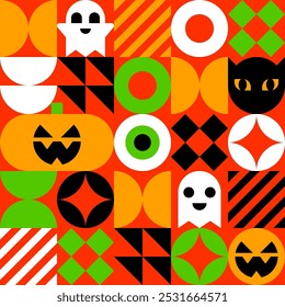 Geometric Halloween Pattern with Ghosts, Pumpkins, and Black Cats Vector Illustration