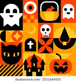 Geometric Halloween Pattern with Ghosts, Skulls, and Pumpkins in Bold Colors Vector Illustration