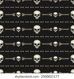 Geometric Halloween pattern with horizontal stripes with broken bones, half skull without jaw on dark background. Textured black background. Vintage style.
