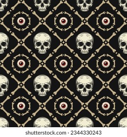 Geometric halloween pattern with square grid with rhombus cells, bones, half skull without jaw, human red eyeball on dark background. Classic grid pattern. Vintage style.