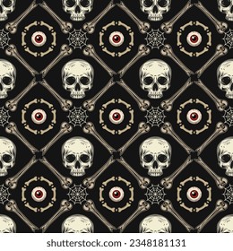 Geometric halloween pattern with square grid with rhombus cells, broken bones, half skull without jaw, human red eyeball, spider web on dark background. Classic grid pattern. Vintage style.