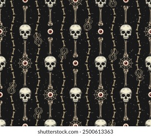 Geometric Halloween pattern with vertical stripes with broken bones, half human skull. Textured black background. Vintage style. 