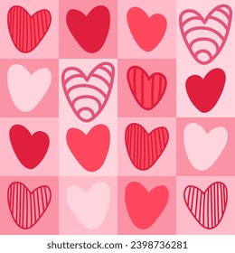 Geometric hand draw Valentine's Day seamless pattern of hearts in doodle style. Pink and red colors.