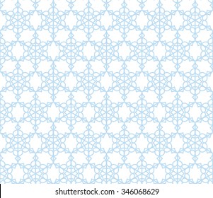 Geometric hand drawn abstract crochet lace shapes pattern. Light blue and white colors vector seamless background.
