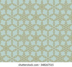 Geometric hand drawn abstract golden crochet lace shapes pattern. Vector seamless background. Great for greeting card template, seasonal baby eve, scrapbook, surface textures.