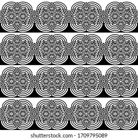 Geometrisches handgezeichnetes, abstraktes, schwarz-weißes, dekoratives Randbild-Tapete. Geometrische Formen der Vektorillustration veränderten das nahtlose psychedelische Muster.