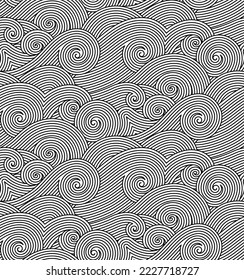 Geometric hand drawn black and white abstract decorative waves background. Vector seamless oriental ornamental wavy hand drawn lines pattern. Tattoo style coloring page line art illustration.