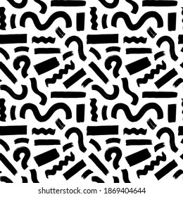 El trazo de pincel geométrico dibujado a mano es un patrón sin fisuras. Ornamento vectorial con rectángulos y líneas de negrita onduladas. Ilustración de tinta dibujada a mano. Fondo geométrico de pintura negra de Hipster. 