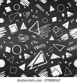 Geometric hand drawn grunge black and white chalked seamless pattern with triangles, squares and circles on blackboard background.
