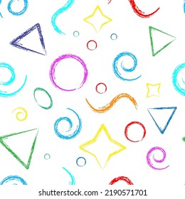 Geometric hand drawn grunge color chalked seamless pattern with triangles, circles and shapes on white background.