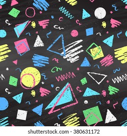 Geometric hand drawn grunge color chalked seamless pattern with triangles, squares and circles on black chalkboard background.