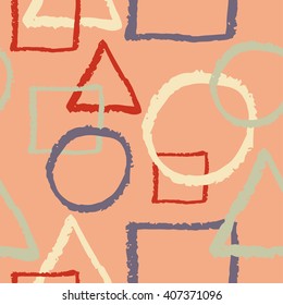 Geometric hand drawn grunge color chalked seamless pattern with triangles, squares and circles 