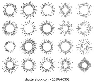 Geometric hand drawn lines in round or circle shape. Sunbeams shining with rays as dotted lines. Sunset or sunrise, radial sunburst, flash and circle, explosion and linear theme