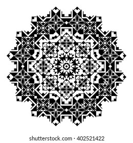 geometric hand drawn round black lace ornament, mandala, zentangle, vector illustration.