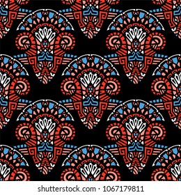 Geometric, hand drawn seamless pattern in ethnic style. Tribal, folk traditional motifs. Aztec, Peruvian, Mayan, Mexican, Native American. Vector illustration.