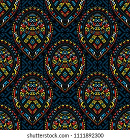 Geometric, hand drawn seamless pattern in ethnic style. Tribal, folk traditional motifs. For fabrics, wallpaper and other things. Vector illustration.