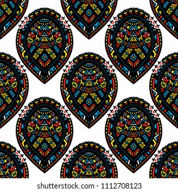 Geometric, hand drawn seamless pattern in ethnic style. Tribal, folk traditional motifs. For fabrics, wallpaper and other things. Vector illustration.