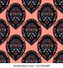 Geometric, hand drawn seamless pattern in ethnic style. Tribal, folk traditional motifs. For fabrics, wallpaper and other things. Vector illustration.