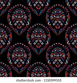 Geometric, hand drawn seamless pattern in ethnic style. Tribal, folk traditional motifs. For fabrics, wallpaper and other things. Vector illustration.