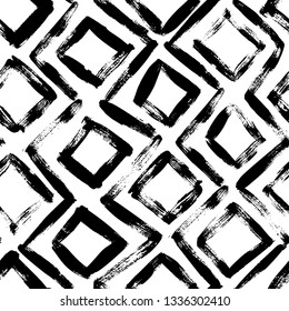 Geometric hand drawn seamless pattern. Vector zig zag lines and squares grunge drawing. Black paint dry brushstroke abstract shapes background. Ink brush texture. Wrapping paper, wallpaper design.