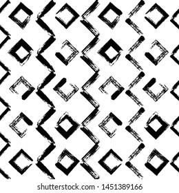 Geometric hand drawn seamless pattern. Vector zig zag ink  lines. Black paint dry brushstroke abstract shapes background. Ink brush texture. 