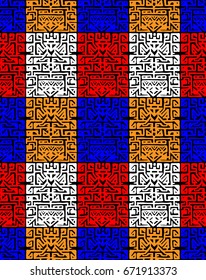 Geometric, hand drawn seamless pattern in ethnic style. Tribal, folk traditional motifs. Aztec, Peruvian, Mayan, Mexican, Native American. Vector illustration.