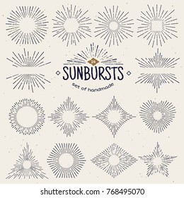 Geometric hand drawn sunburst, sun beams in different forms. Star shining with rays in form of lines, linear sunlight waves. Summer and sunset, sunrise and radial fireworks symbol. Vintage style.