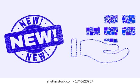 La mano geométrica ofrece ladrillos pictograma de mosaico y Nuevo! marca de agua. Azul vector redondo texturado marca de agua con New! título. Mosaico abstracto de la mano ofrece ladrillos organizados de troncos redondos, trillados,