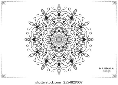 Geometric hand-drawn floral mandala design element in black and white, ornate ethnic oriental style in vector format for coloring books, suitable for mehndi, textiles, posters and tattoos