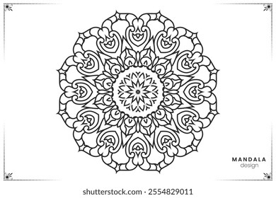 Geometric hand-drawn floral mandala design element in black and white, ornate ethnic oriental style in vector format for coloring books, suitable for mehndi, textiles, posters and tattoos