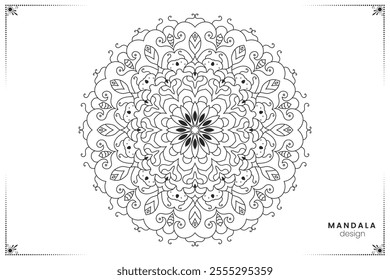 Geometric hand-drawn floral mandala design element in black and white, ornate ethnic oriental style in vector format for coloring books, suitable for mehndi, textiles, posters and tattoos