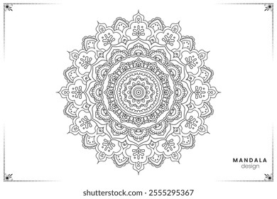 Geometric hand-drawn floral mandala design element in black and white, ornate ethnic oriental style in vector format for coloring books, suitable for mehndi, textiles, posters and tattoos