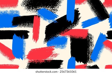 Geometric hand-drawn seamless pattern in red, blue and black color. Brush stroke drawn bold with lines. Seamless pattern hand drawn design elements isolated on white background. Vector illustration.