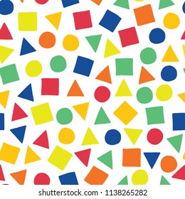 Geometric hand-drawn shapes vector seamless pattern. Scattered squares, triangles, and circles in blue, orange, red, green, and yellow on a white background.
