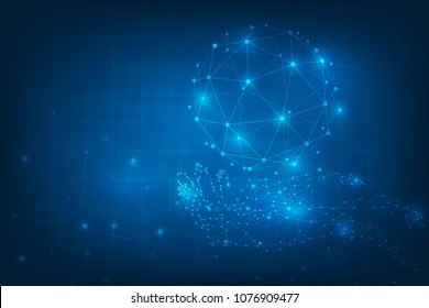 Geometric Hands holding global connection. Global network connections with points and lines. vector illustration 