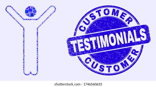 Geometric hands up person mosaic pictogram and Customer Testimonials stamp. Blue vector round grunge seal stamp with Customer Testimonials text.