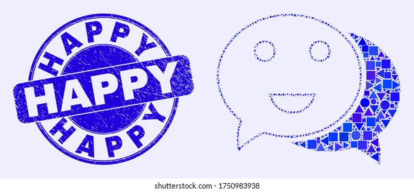 Geometric happy chat mosaic pictogram and Happy stamp. Blue vector round distress stamp with Happy caption. Abstract mosaic of happy chat created of round, triangles, square geometric spots.