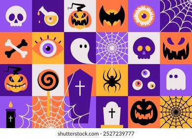 Anuncio de Halloween feliz geométrico. Truco o trato. Fiesta temible linda, concepto de diseño de Festiva de horror. Ilustración vectorial en estilo minimalista. Conjunto de iconos de pegatinas o patrón transparente