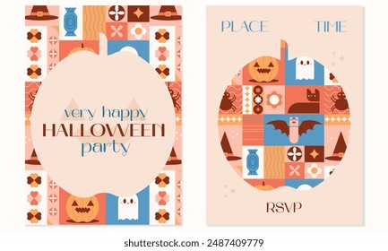 Geometric Happy Halloween party invitation template with horror holiday elements. Geometric art with spooky icons. Print for Halloween party,Halloween sales. Vector illustration EPS 10
