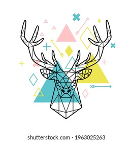 Geometric head of deer. Cartoon artwork of polygonal abstract animal figure, vector illustration forest character silhouette of triangles and lines on white background