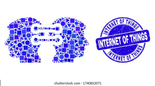 Geometric head links integration mosaic pictogram and Internet of Things seal stamp. Blue vector rounded scratched seal stamp with Internet of Things message.