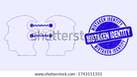Geometric head links integration mosaic pictogram and Mistaken Identity seal stamp. Blue vector round grunge seal stamp with Mistaken Identity text.