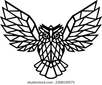 Geometric head of an owl. Abstract vector illustration of a wild bird. Polygonal owl with wings.