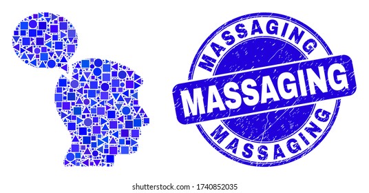 Geometric head thinking cloud mosaic icon and Massaging stamp. Blue vector round distress stamp with Massaging message. Abstract composition of head thinking cloud done of round, tringle,