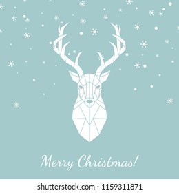 Geometric head of a wild deer. Merry Christmas greeting card with deer and snowflakes . Vector illustration.