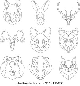 Geometric heads of nordic animals. Set of polygonal beasts. Vector illustration