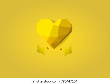 Geometric heart with abstract bird on yellow background.
