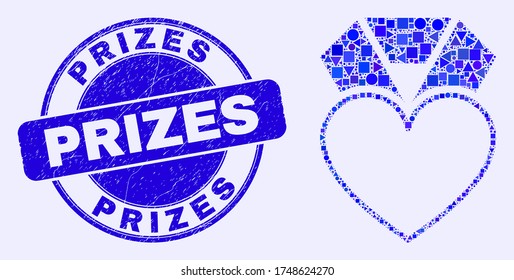 Geometric heart award mosaic pictogram and Prizes seal stamp. Blue vector round grunge seal stamp with Prizes message. Abstract mosaic of heart award done of circle, triangles, square geometric items.