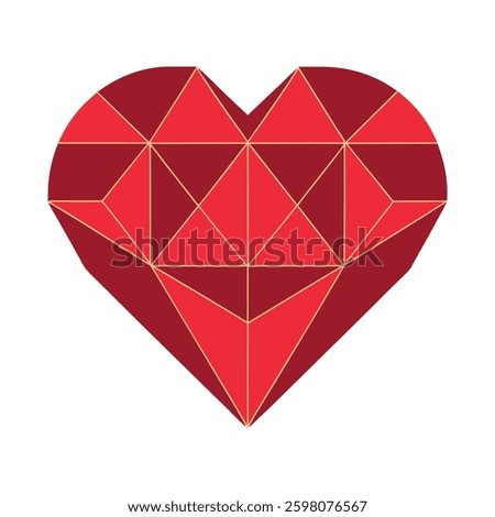 A geometric heart design made of red and dark red triangular and quadrilateral shapes with gold outlines, giving it a faceted, gem-like appearance